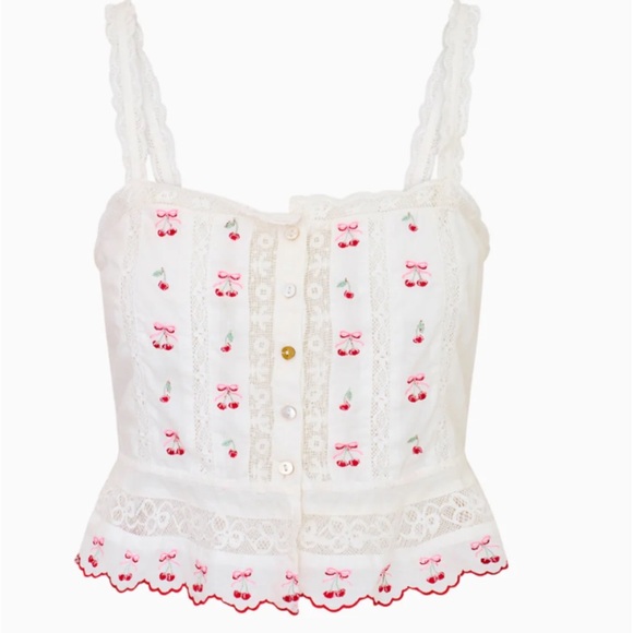 LoveShackFancy Tops - LoveShackFancy White and Pink Embroidered Tank Top